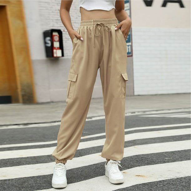 Women Casual Trousers, Mid Waist 4 Pockets Casual Pants Cinched Cuff  Drawstring Closure For Outdoor Black,OD Green,Apricot 