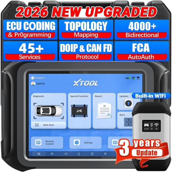 XTOOL D9S PRO Automotive Diagnostic Tool, Key Fob Pr0grammer, AI-Assisted Bluetooth OBD2 Scanner Bidirectional Scan Tool, ECU Cod-ing, Topology Mapping, 45  Services, FCA, 3-Year Update