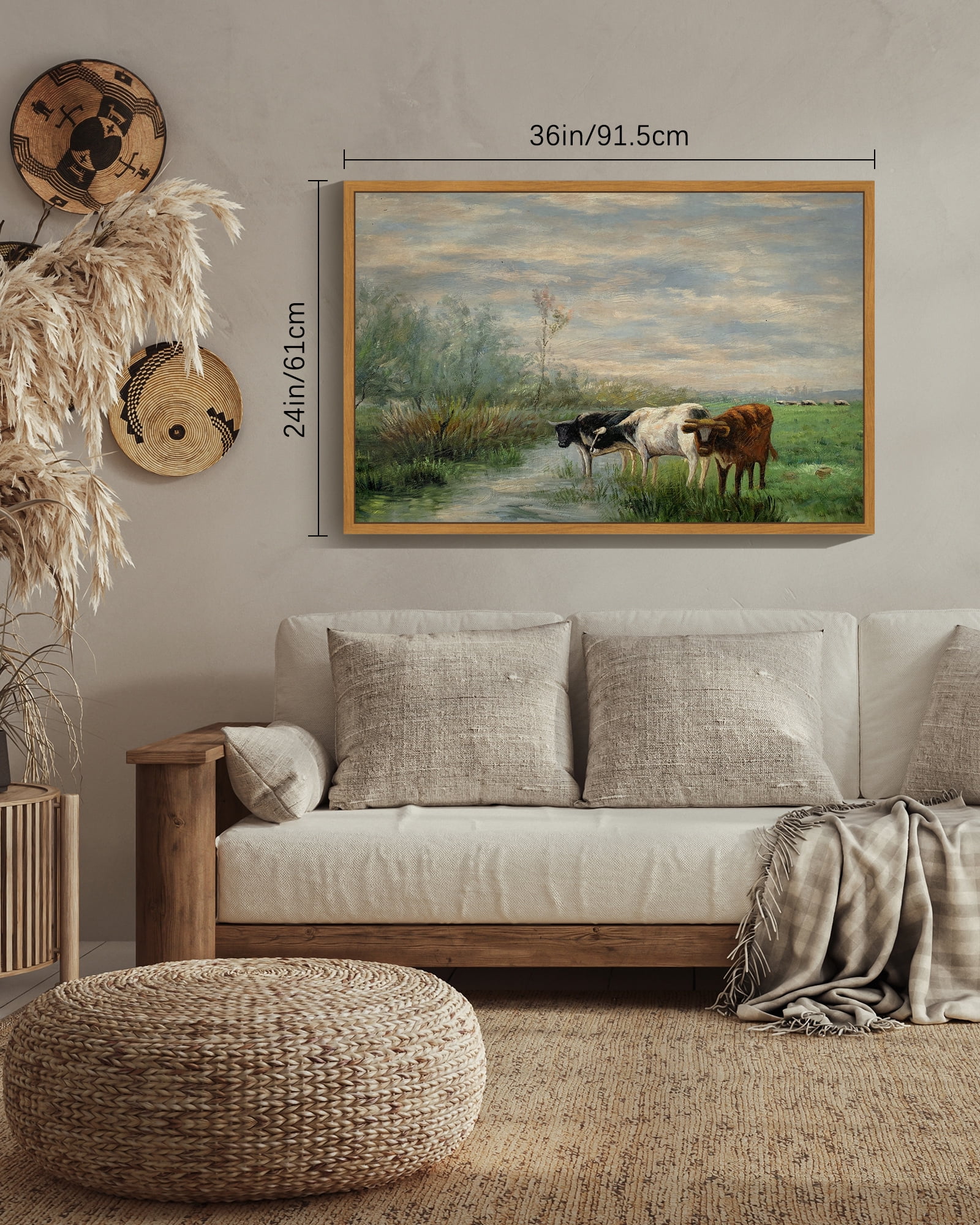 Drsoum Vintage 24x36in Natural Framed Landscape Canvas Wall Art Cow Farm Classic Wall Prints Modern Farmhouse Bathroom Office Decor