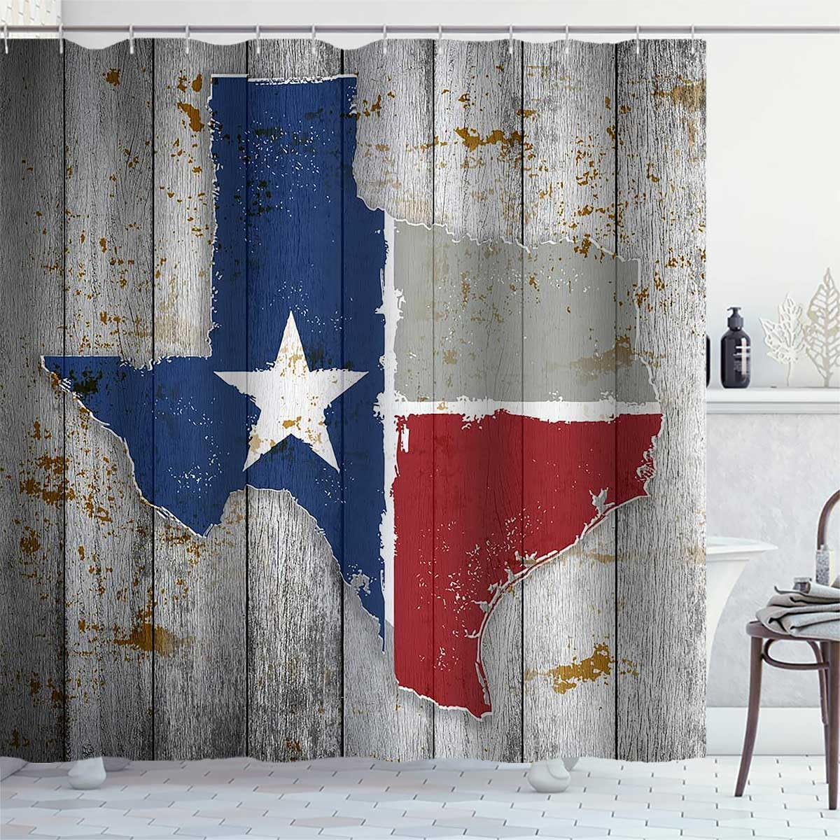 Texas Map Shower Curtain, Western Shower Curtain, Blue Red Texas Star Flag Lone Star Country Vintage Rustic Farmhouse Bathroom Decor, Waterproof Fabric Grey Shower Curtain, 72 X 72 Inch