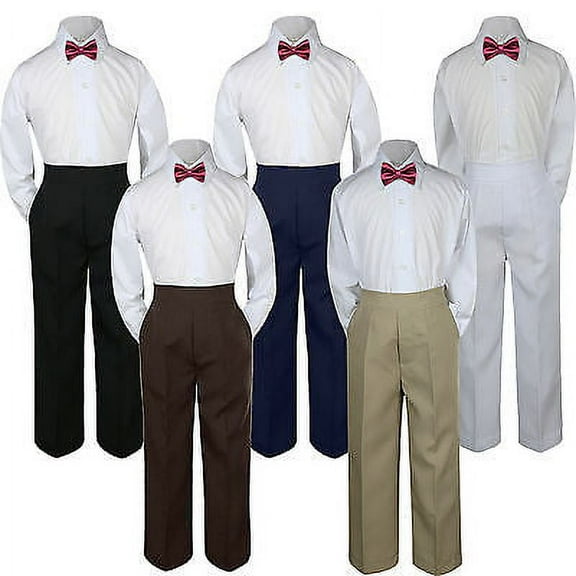3pc Burgundy Bow Tie Suit Shirt Pants Set Baby Boy Toddler Kid Uniform S-7