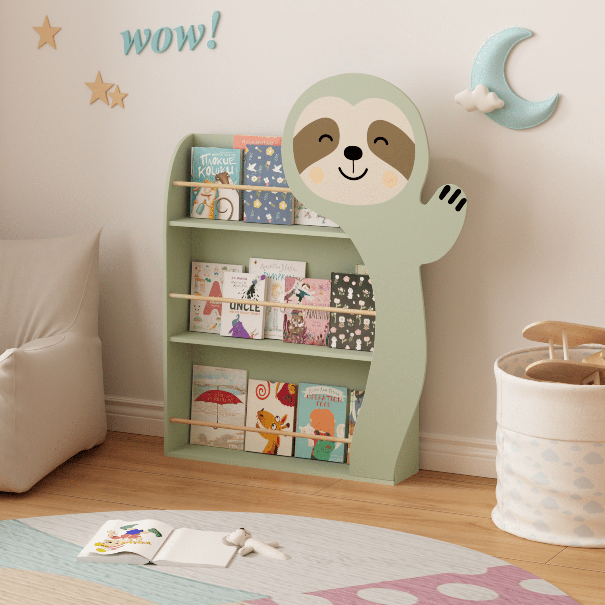 Kids Furniture Sloth Kids Bookshelf, Front-Facing Toddler Book Display Rack with 3 Tiers, Cute Animal Design, Wooden Nursery Bookshelf for Playroom, Bedroom & Reading Corner, Safe & Sturdy Storage O