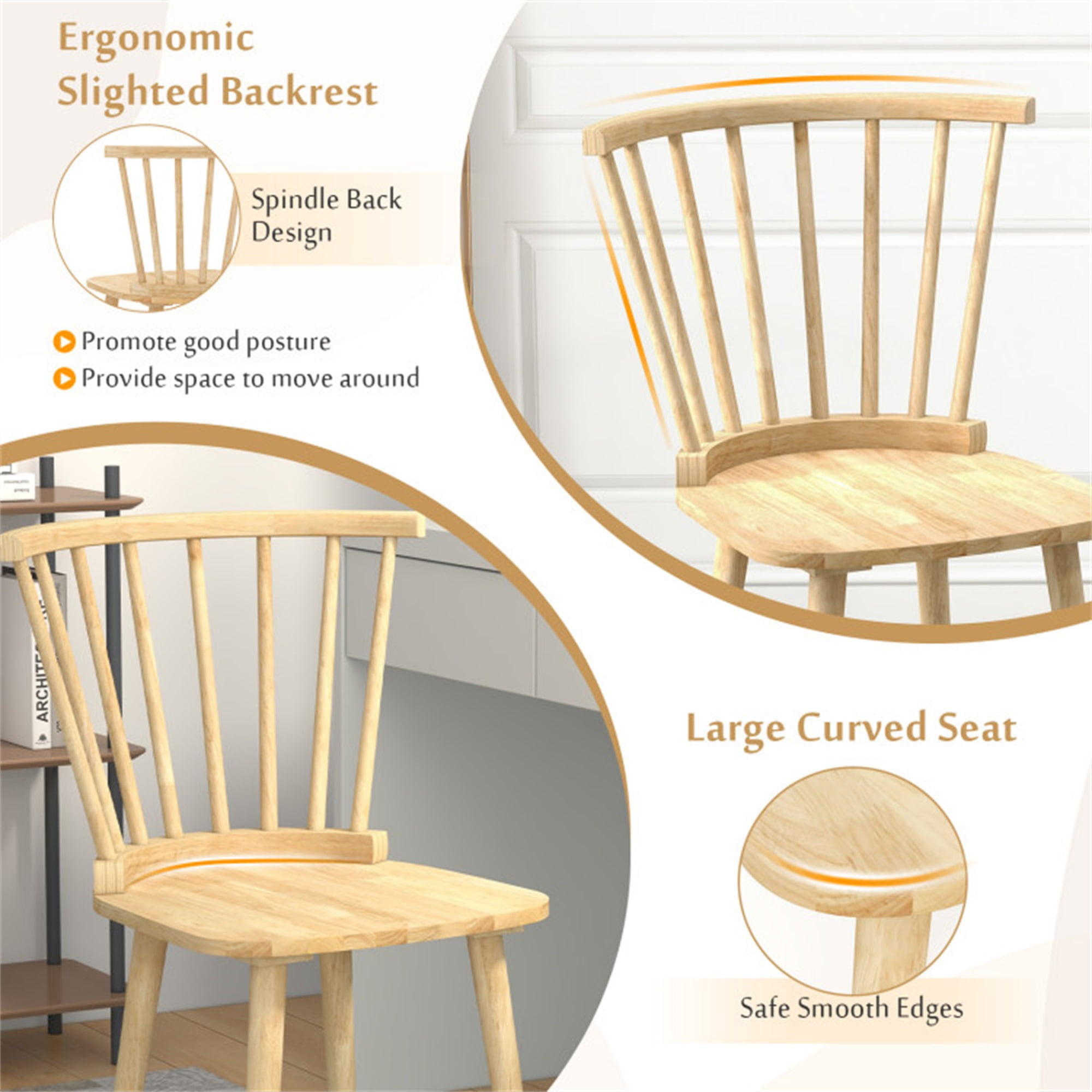 Demi Bonn Windsor Dining Chairs Set of 2 Rubber Wood Kitchen Chairs with Spindle Back, Beige