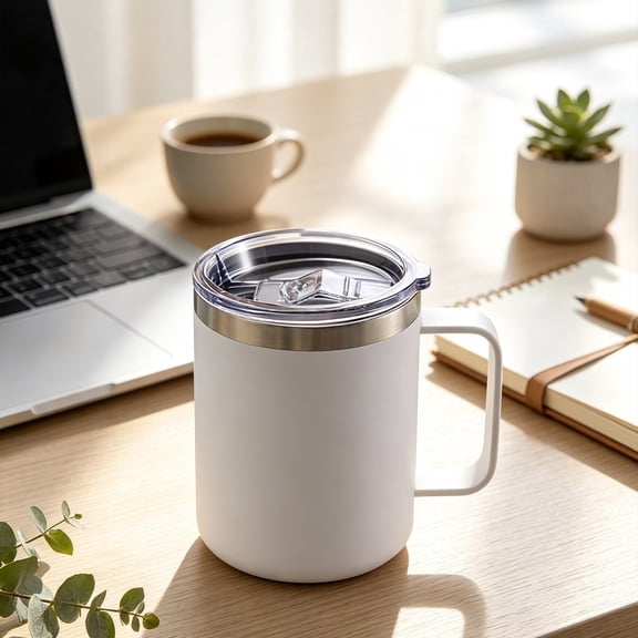 JHyouerji 12oz Coffee Mug,White Double Wall Vacuum Insulated Stainless Steel Camping Coffee Mug with Handle Spill Proof Sliding Lid Outdoor Travel Thermal Cup