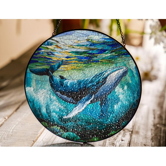 Humpback Whale Stained Glass Suncatcher, Ocean Window Hanging, Coastal Marine Sea Life Decor Gift