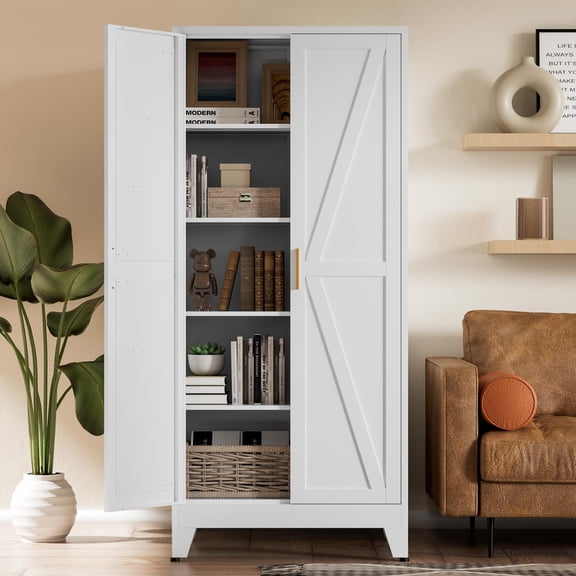 Metal Farmhouse Storage Cabinet With Barn Doors Five Tier Food Pantry Cupboard With Adjustable Shelves Steel Display Rack For Kitchen Dining Room Living Room Office White