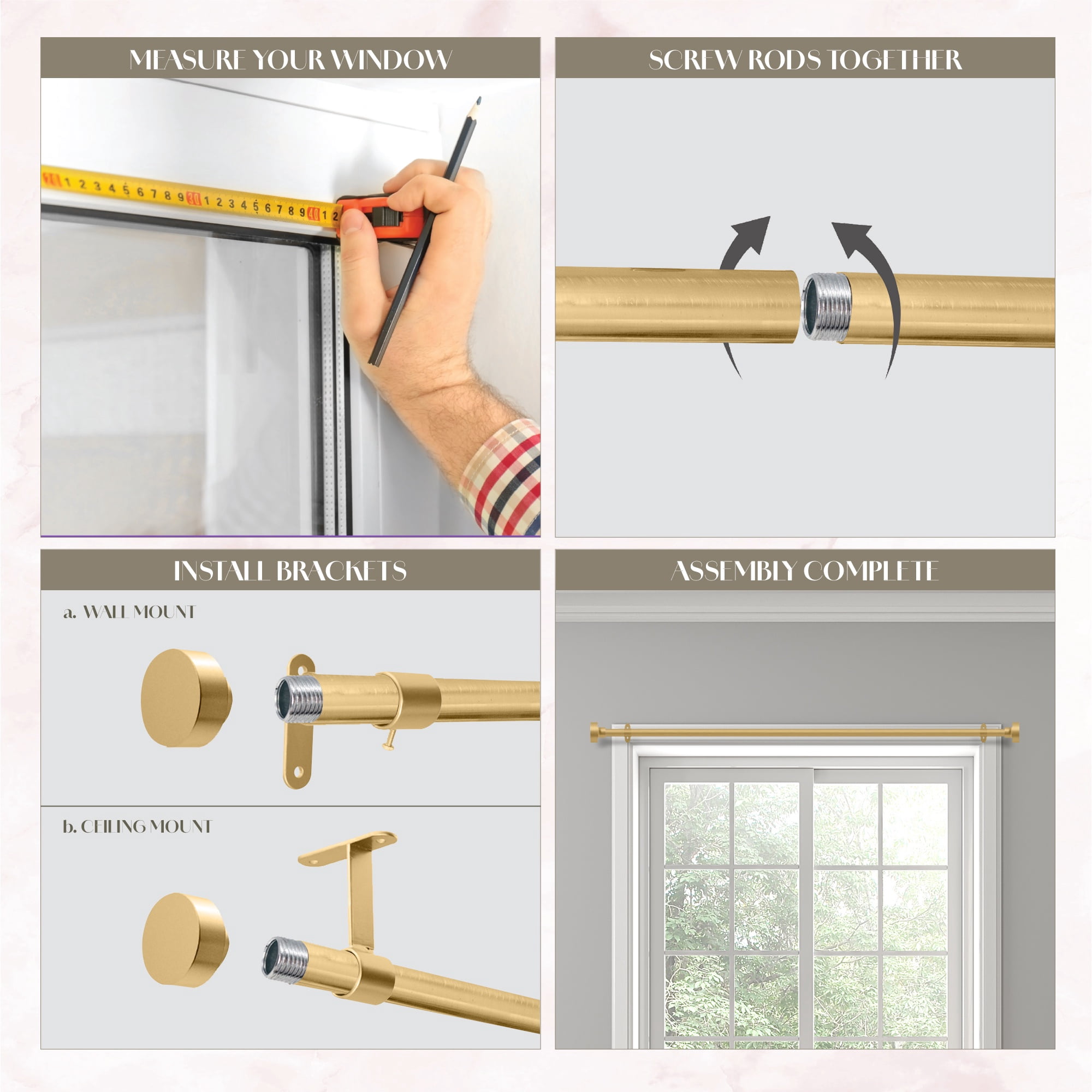Dwell Studio Adjustable Window Curtain Rod, 3/4" Iron Material, Adjustable 20-120 Inch Kit, Plated Gold