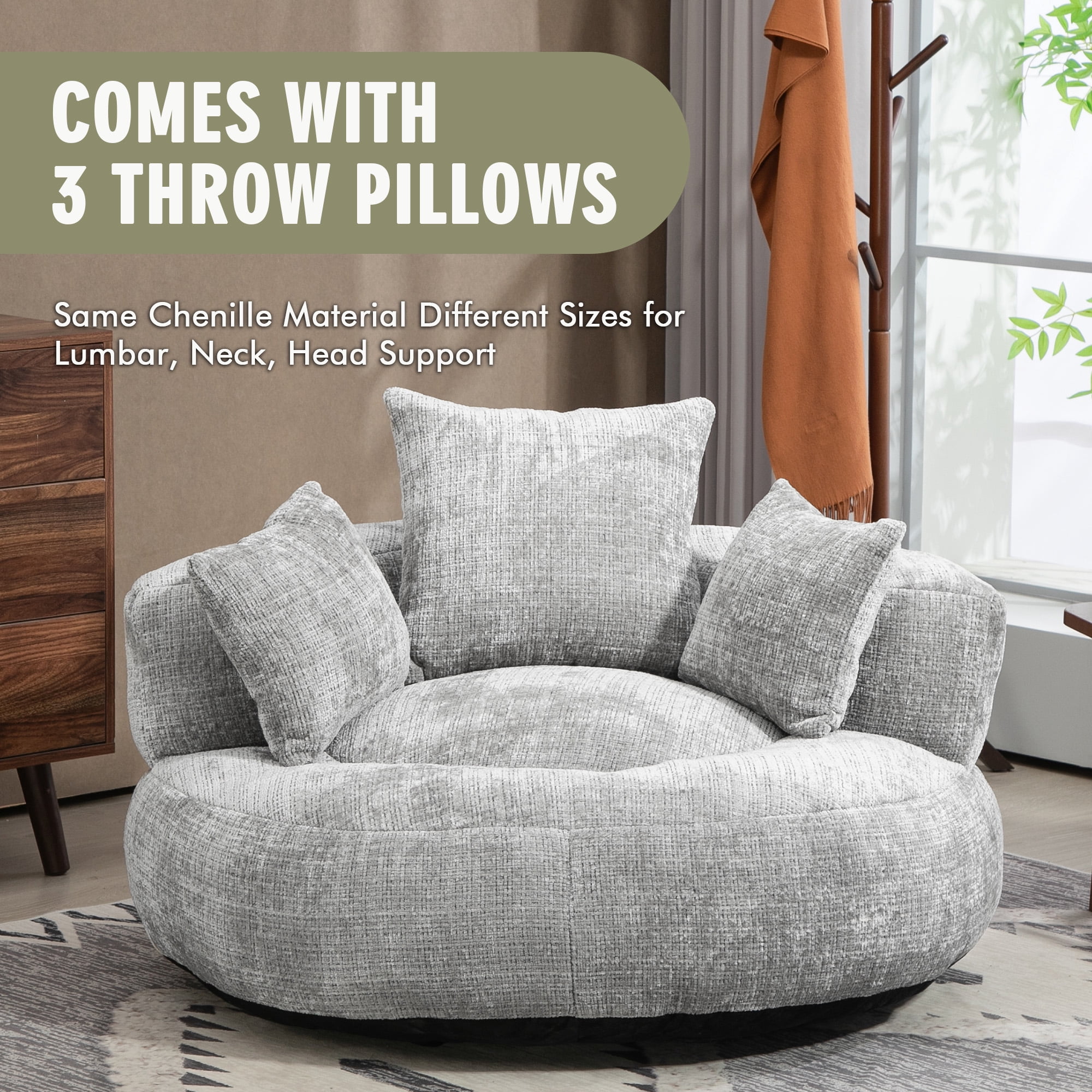 MOONMISS Chenille High Back Lazy Boy Sofa with Throw Pillows for Adults and Children, Indoor Outdoor, Light Gray