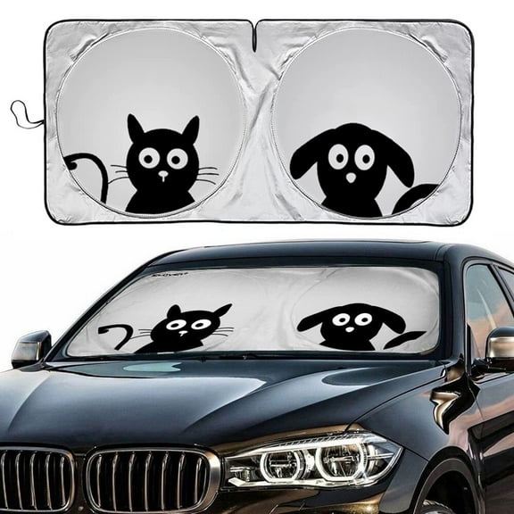 Car Windshield Sunshade with Pet Design(64x33 ), IC ICLOVER Cute Cartoon Design Front Auto Car Windshield Sun Shade Folding Silvering Sun Visor - UV Coating for UV Ray Deflector, Medium