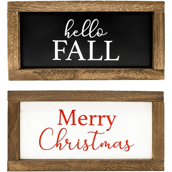 Reversible Hello Fall/Merry Christmas Rustic Wood Sign-Farmhouse Home Thanksgiving and Holiday Decor