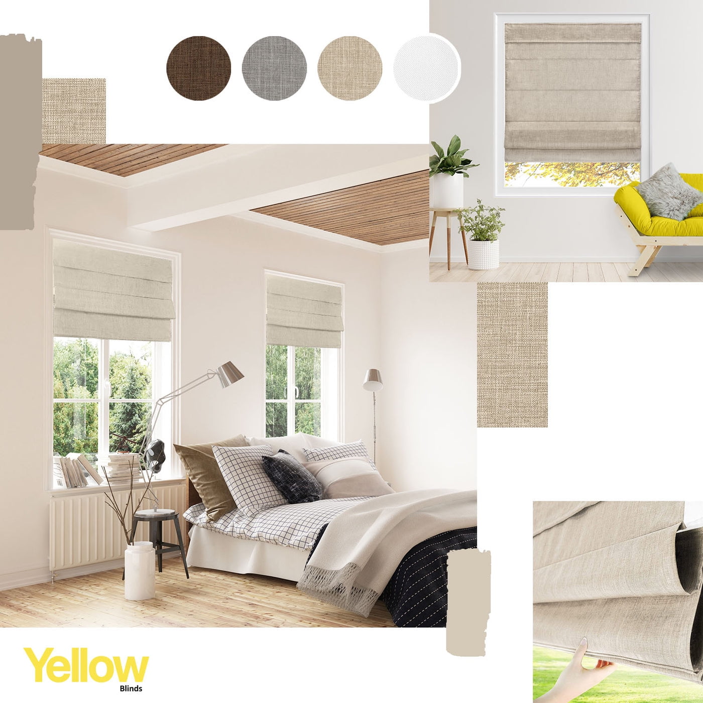 Yellow Blinds Cordless Light Filtering Roman Shade, Belgian Flax - 33"W X 72"H