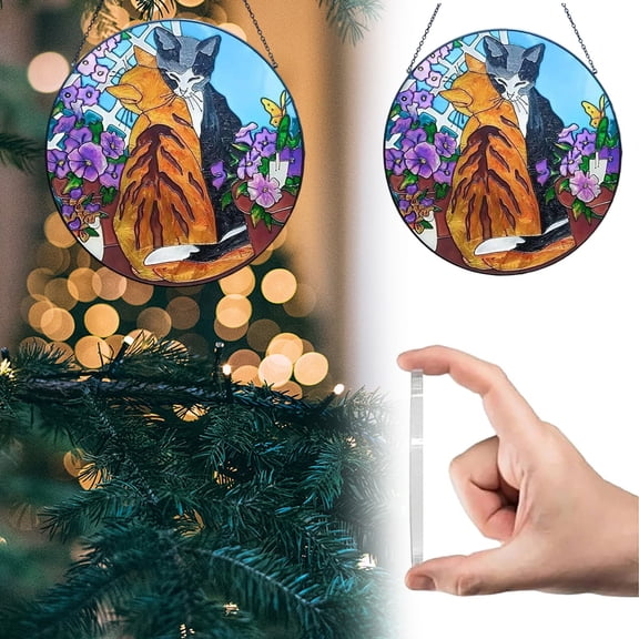 Stained Glass Window Hanging, Cute Cat 7.8" - Suncatcher Door Garden Sun Catcher Decor Birthday Mother's Day Christmas Comfort Gifts for Lost Pet Woman Nana Mom Men Friend (A)