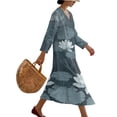 thumbnail image 3 of COEQINE Bohemian Asian 3/4 Sleeve Wrap Dress for Women, Oriental Zen Style Midi Tunic Loose Fit Dress with Linen Feel Casual Sundress, Modest Easy Wash & Wear, Size M, Grey Blue Lotus, 3 of 6