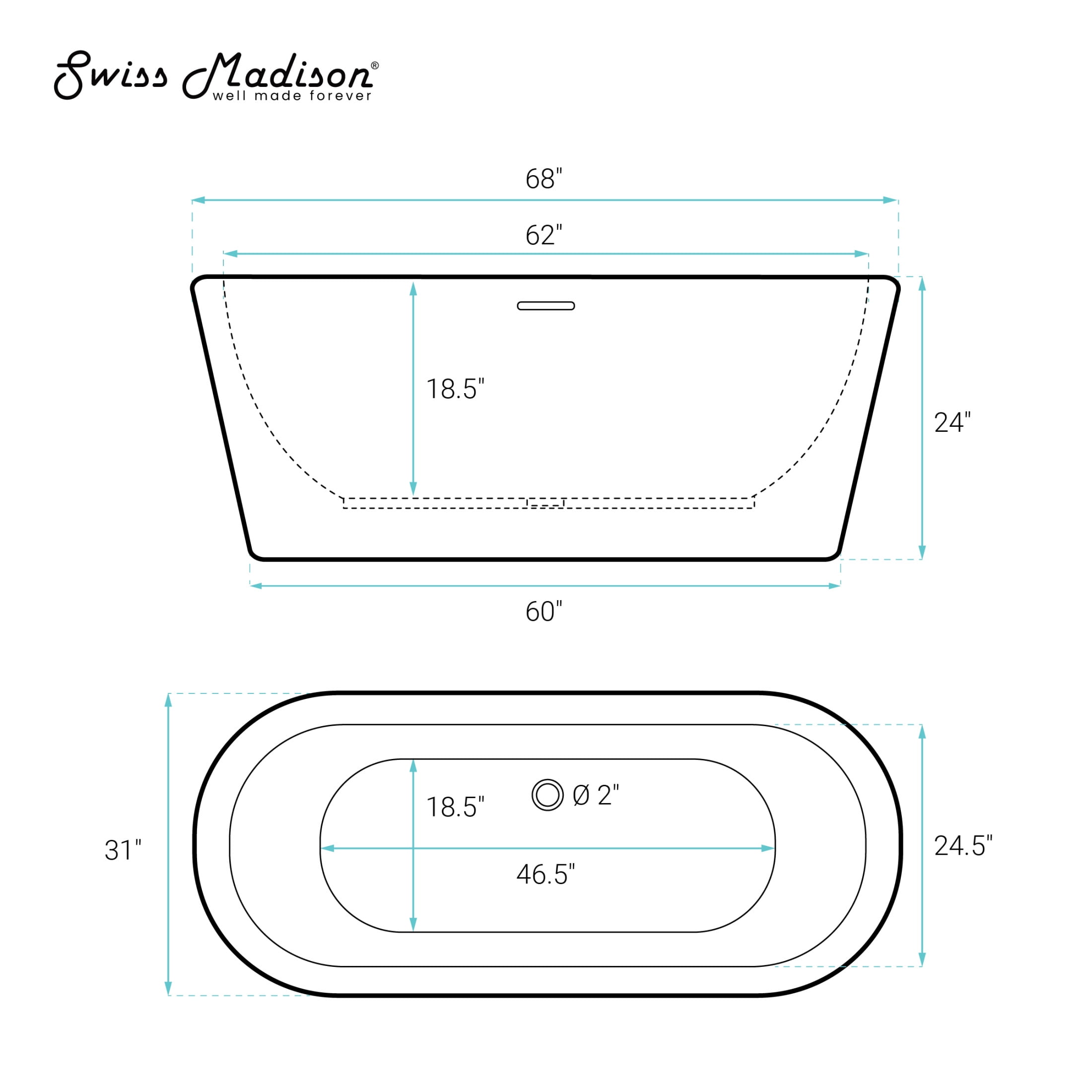 Nanterre 68" Soaking Freestanding Bathtub in Glossy White, Drain Included