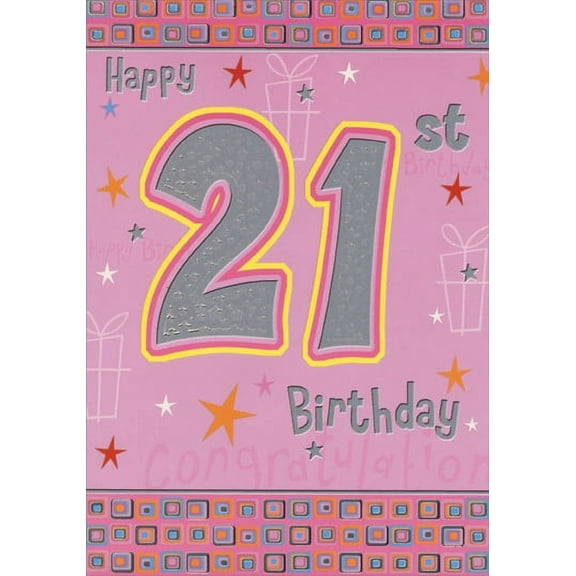 Designer Greetings Silver Foil 21 on Pink with Stars: 21st Birthday Card
