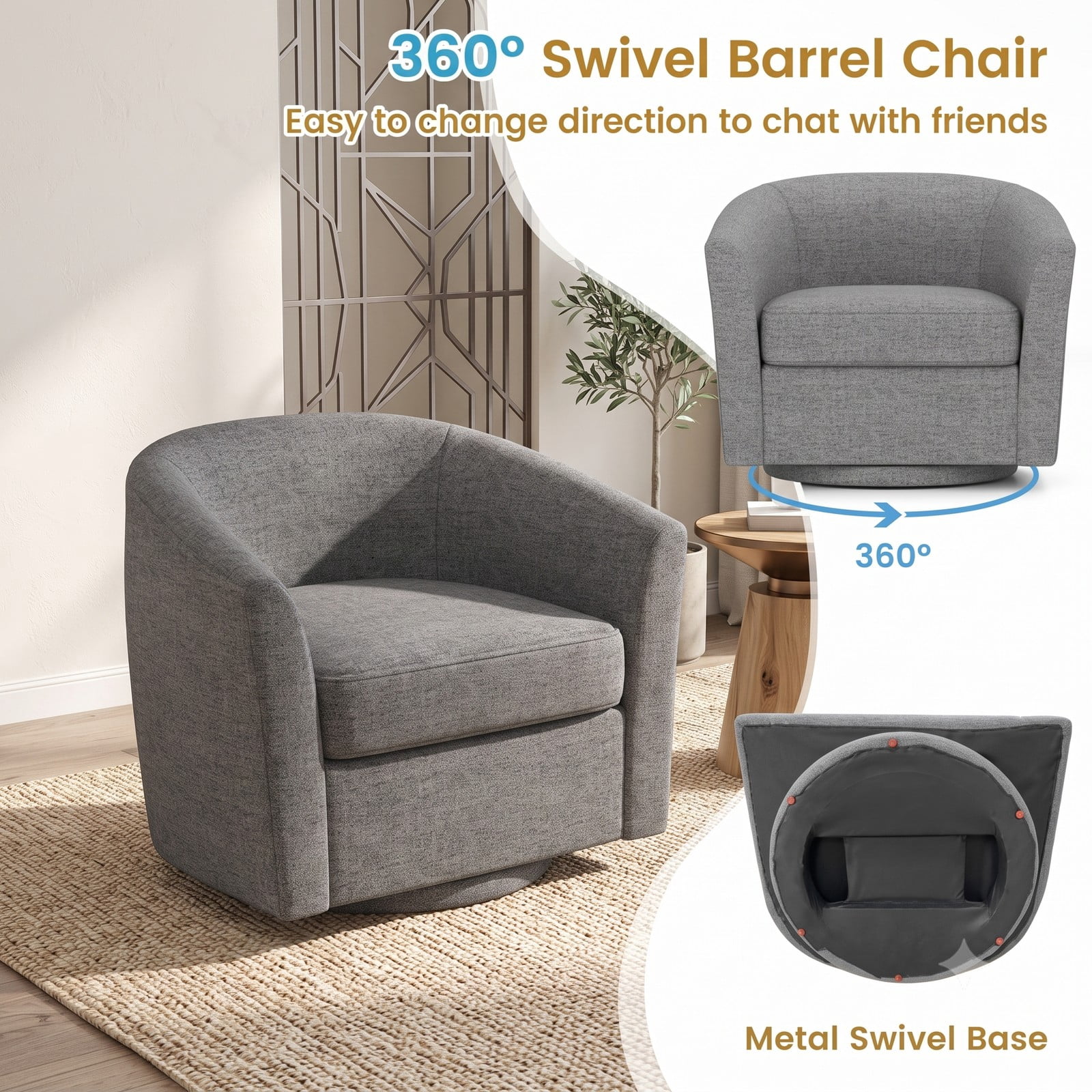 Furnibear Modern Club Swivel Accent Chair with Ottoman Footrest, 360-Degree Swivel Upholstered Linen Reading Armchair with Curved Backrest and Removable Cushion, Gray