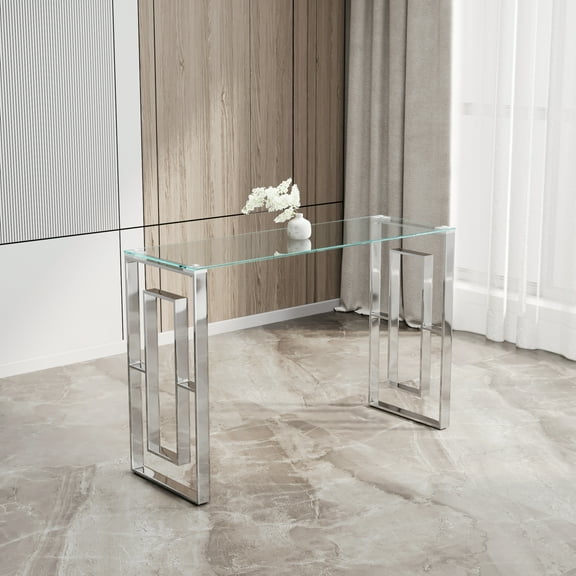 47'' Entryway Console Table Stainless Steel Glass,Meal side table silvery Clear bs-02 s