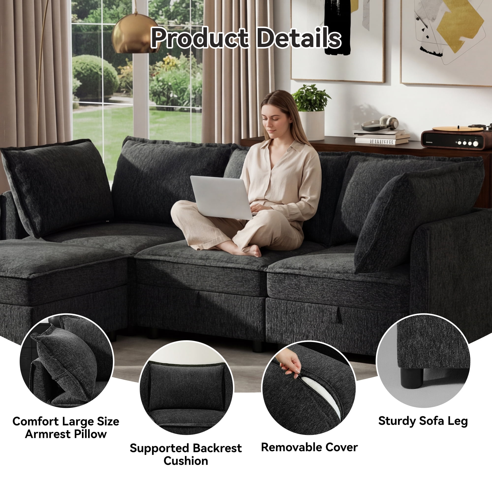 BedLuxury 97" Modular Sectional Sofa with Storage, L-Shaped Modern Sofa Couch with Movable Ottoman for Living Room, Office, Dark Gray