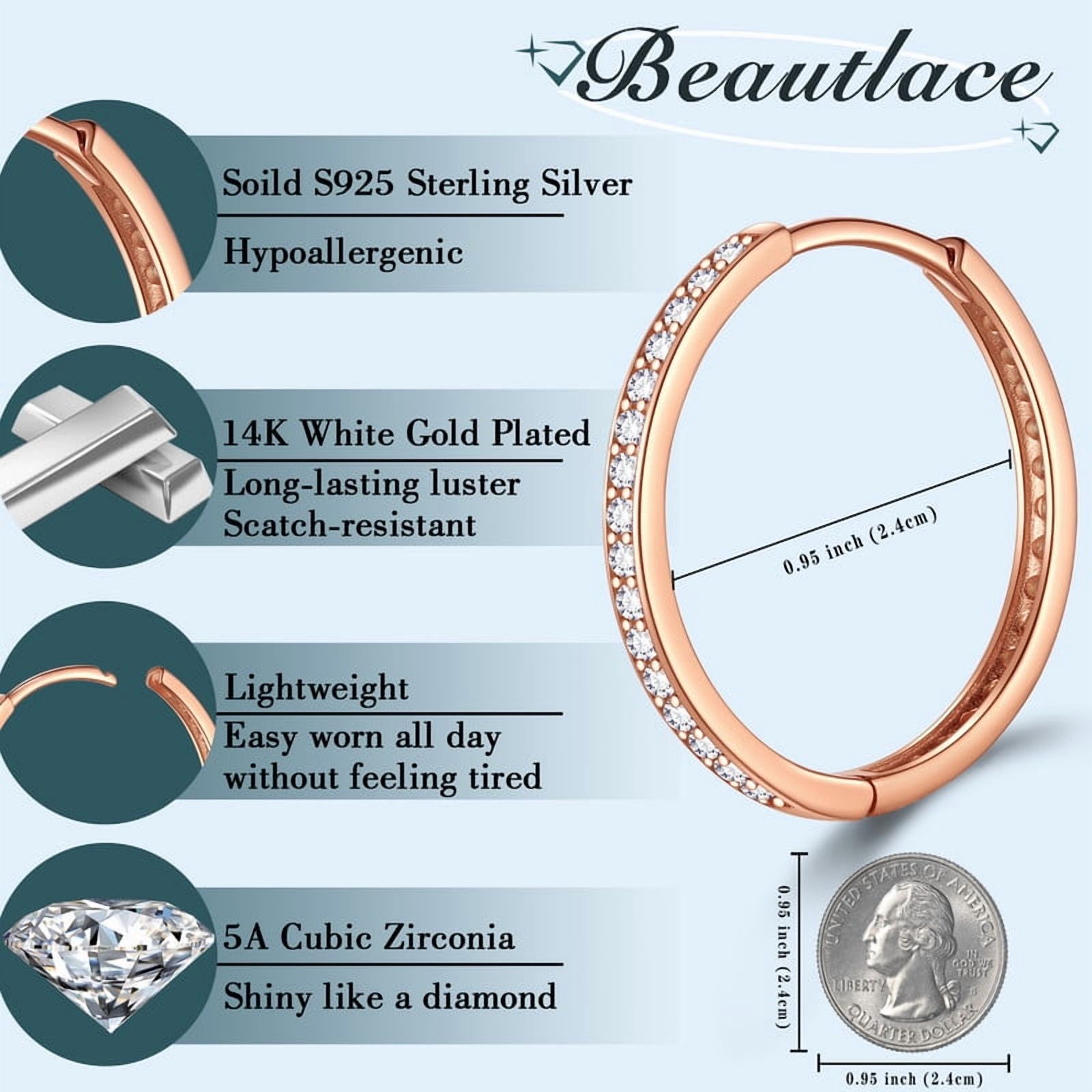 Beautlace 14k Rose Gold over 925 Sterling Silver Hoop Earrings for Women, 5A Cubic Zirconia 24mm Earrings Hoops Earrings Christmas Birthday Jewelry Gift for Her