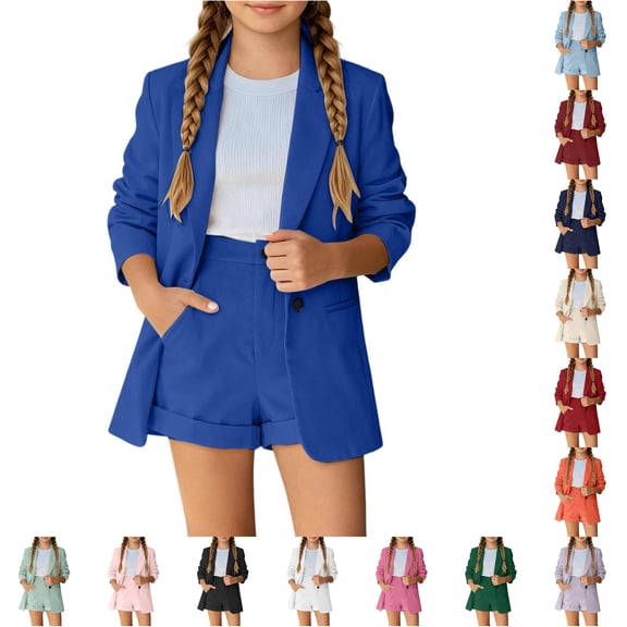 oqasdz Toddler Children Girls Summer Outfits 2 Piece Suit Set Long Sleeve Button Front Jacket Top and Shorts Solid Color formal Outfit Fashion Clothes,Blue,11-12 Years