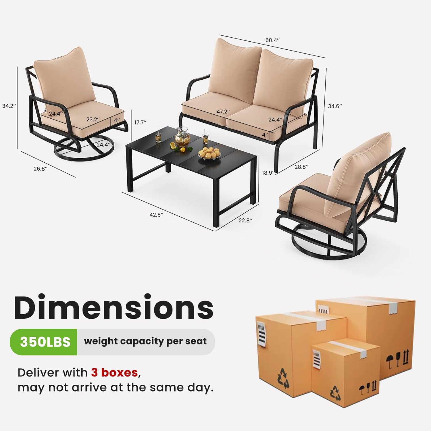 STARY Patio Furniture Set, 4 Piece Outdoor Patio Furniture Set, 2 x Outdoor Swivel Chair, 1 x 2-Seats Sofa and 1 x Coffee Table, Metal Conversation Set for Porch, Balcony, and Backyard