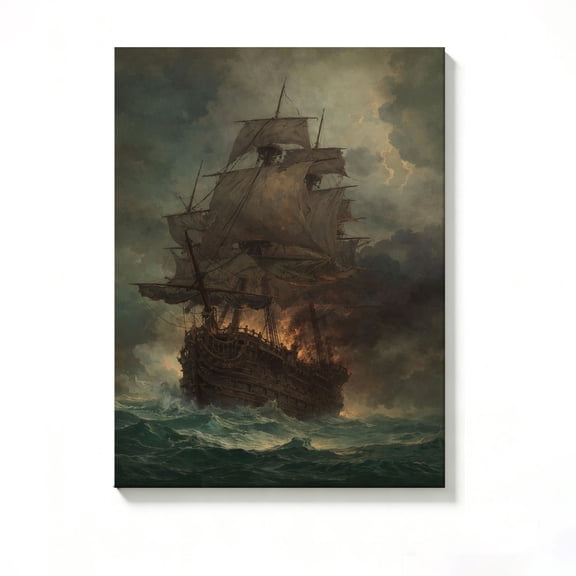 FLASHLUMI 8x12 Inch Burning Galleon in Stormy Sea Oil Painting Canvas Wall Art, Nautical Adventure Decor for Living Room Bedroom, No Frame