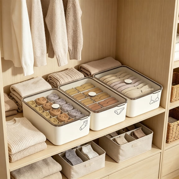 Linnome Underwear Storage Box 3 Partition Compartment Clear Lid Plastic Sock Bra Panties Drawer Organizer Wardrobe Closet Intimates Sorting Container
