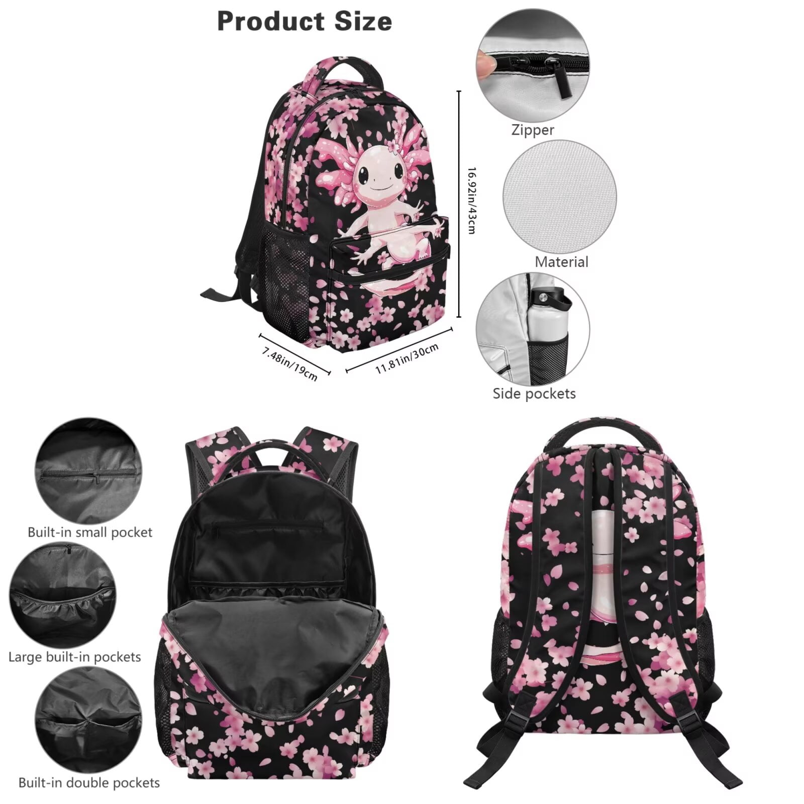 Pzuqiu Axolotl Cherry Blossom Kids Backpack School Bag Set with Lunch Box Pencil Case Water Bottle Bag 5 Piece Bookbags with Adjustable Shoulder Strap for Girls Teens