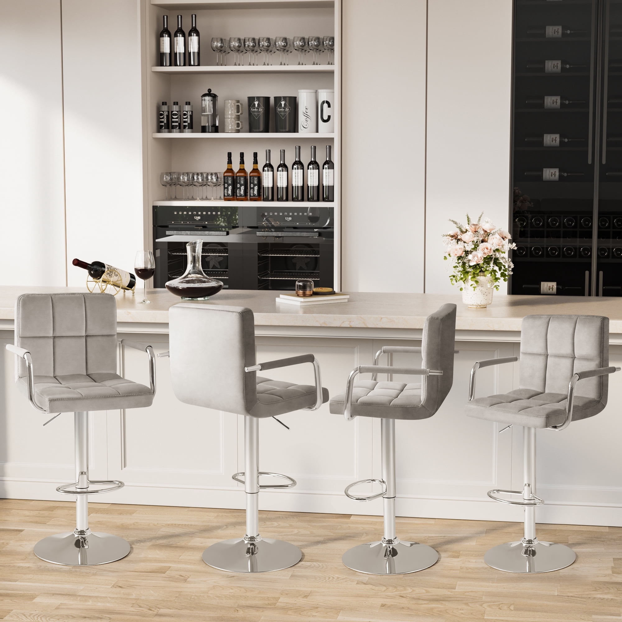 Homall Bar Stools Set of 2 Modern Velvet Height Adjustable Hydraulic Kitchen Counter Square Island Swivel Barstool with Armrest, Gray