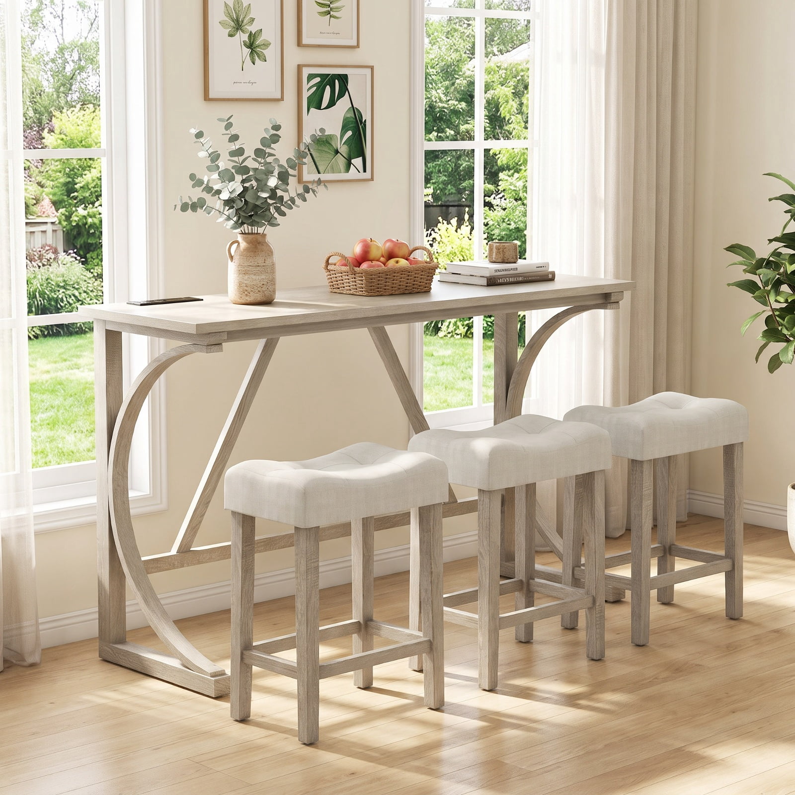 Furnibear 4-Piece Bar Table Set with Power Outlet and Upholstered Saddle Seat Stools-Grey and Beige for Kitchen Dining Room Breakfast Nook Home, Gray