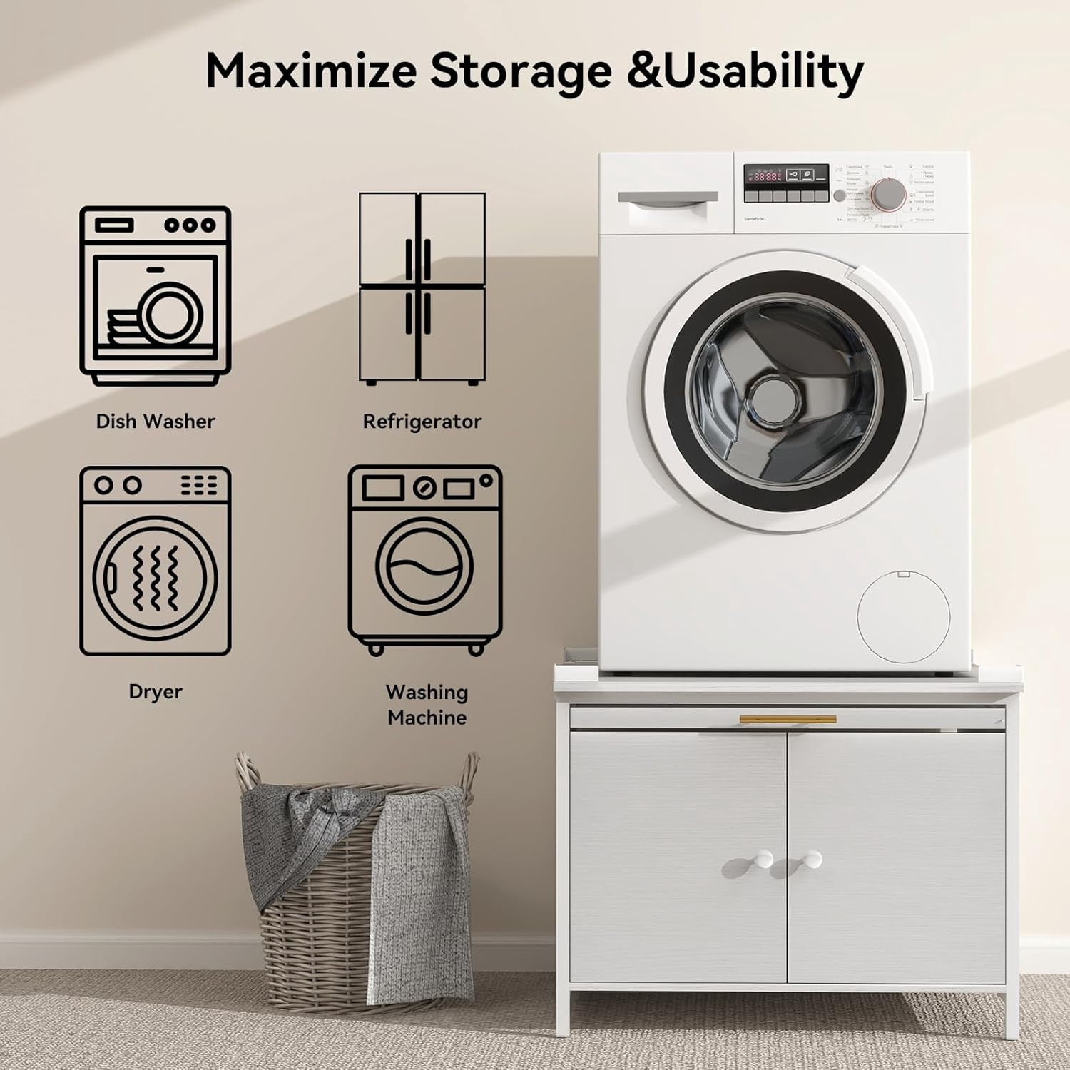 Laundry Pedestal for Washer and Dryer, 29" Universal Washing Machine Stand with Adjustable Feet, Fit Anti-Vibration Design with Telescopic Laundry Basket Shelf, 700 LBS Capacity, White