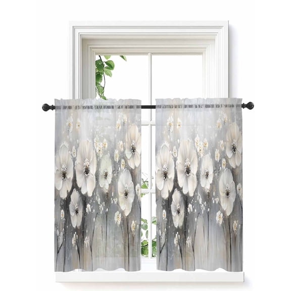 Spring Camellia Tier Curtains 45 Inch Length,Sheer Curtains for Bedroom Living Room Window Retro Floral Oil Painting Modern Art Rod Pocket Drapes Kitchen Curtains Small Half Window 27.5"x45" 2 Panels