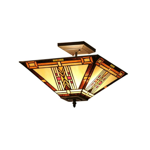 Chloe Lighting Gode Tiffany 2-Light Mission Semi-flush Ceiling Fixture, Bronze Finish