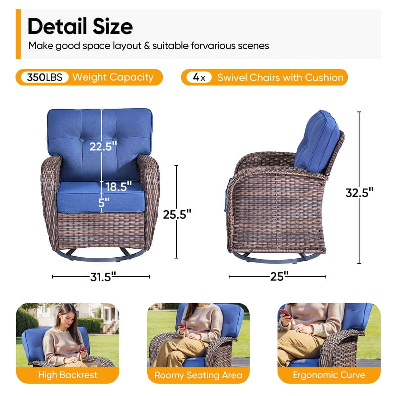 PARKWELL 4 Pieces Patio Furniture Set, Outdoor Swivel Gliders Rocker, All-Weather Wicker Conversation Set with Rattan Rocking Chair and 5" Thick Cushion for Porch Deck, Brown/Navy