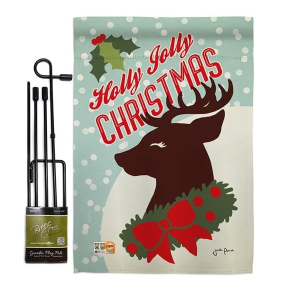 Breeze Decor BD-XM-GS-114197-IP-BO-D-US18-WA 13 x 18.5 in. Holly Jolly Christmas Winter Impressions Decorative Vertical Double Sided Garden Flag Set with Banner Pole