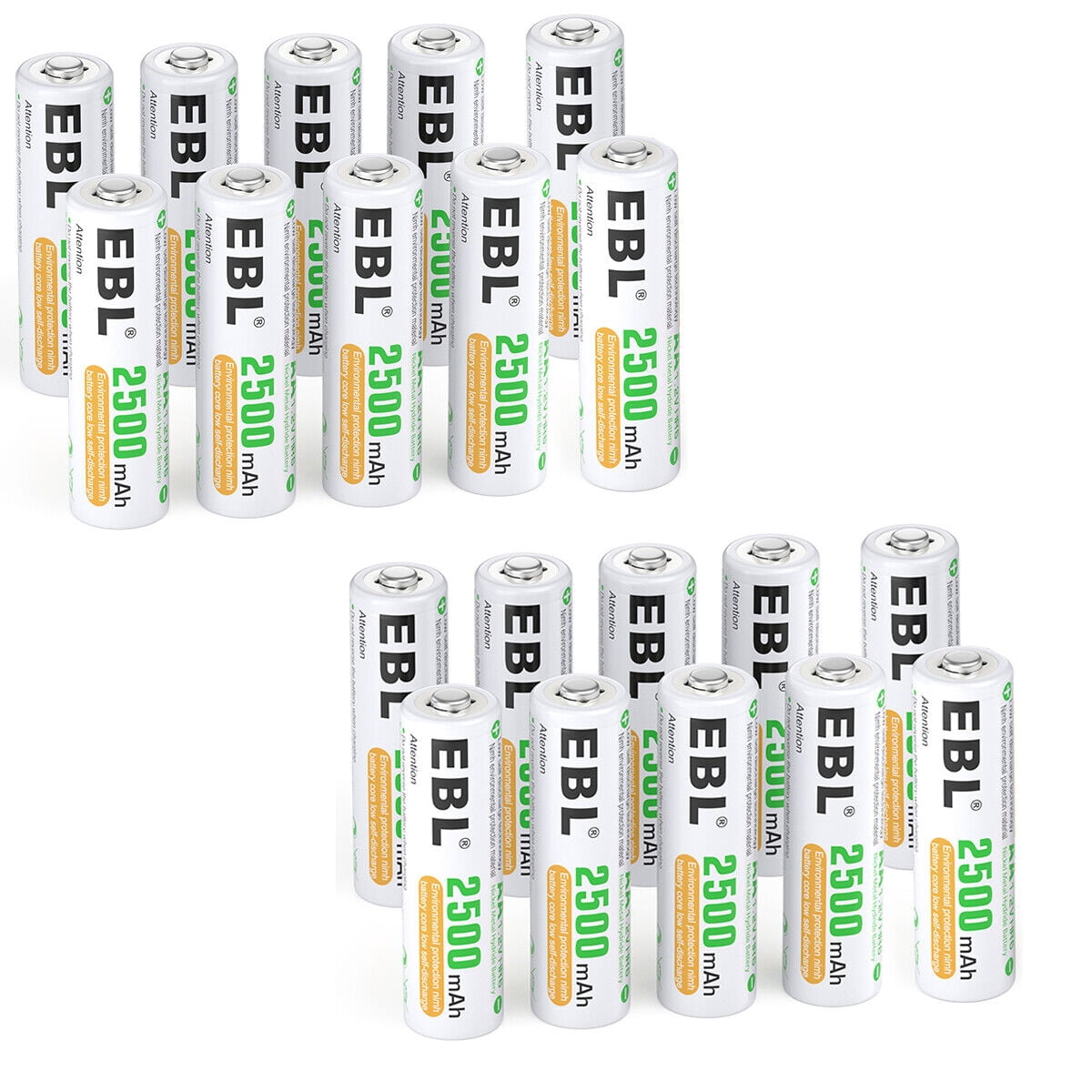 EBL 20 Counts AA Batteries 2500mAh 1.2V High Performance Precharged Ni-MH AA Rechargeable Battery