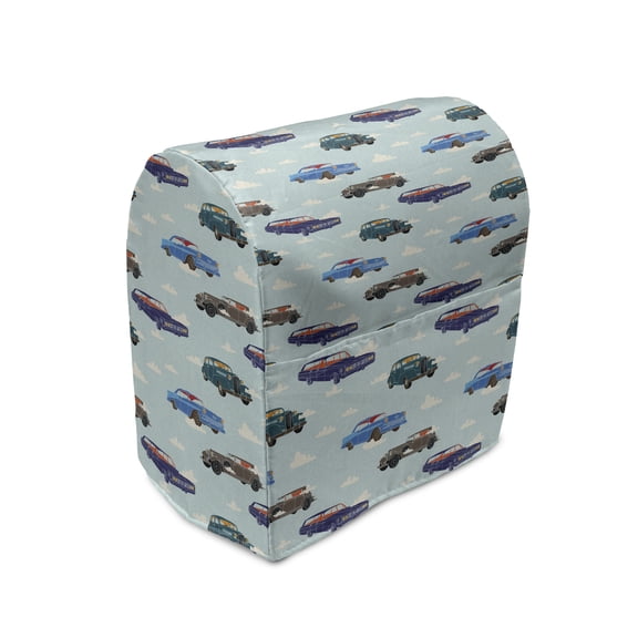 Cars Stand Mixer Cover, Absurd Design with Vintage Cars in the Air with Clouds Old Vehicles Pattern, Kitchen Appliance Organizer Bag Cover with Pockets, 5 Quarts, Pale Blue Teal Umber, by Ambesonne