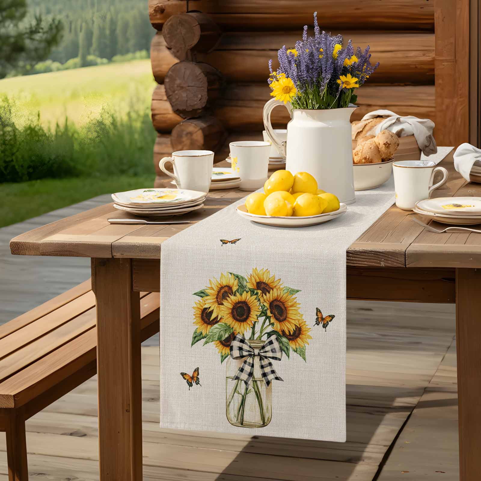 Vintage Sunflower Butterfly on Linen Table Runner 90 Inches Long, Welcome Seasonal Floral Bow Table Runners Tabletop Scarf Kitchen Dining Tables Decoration for Home Party Indoor Outdoor