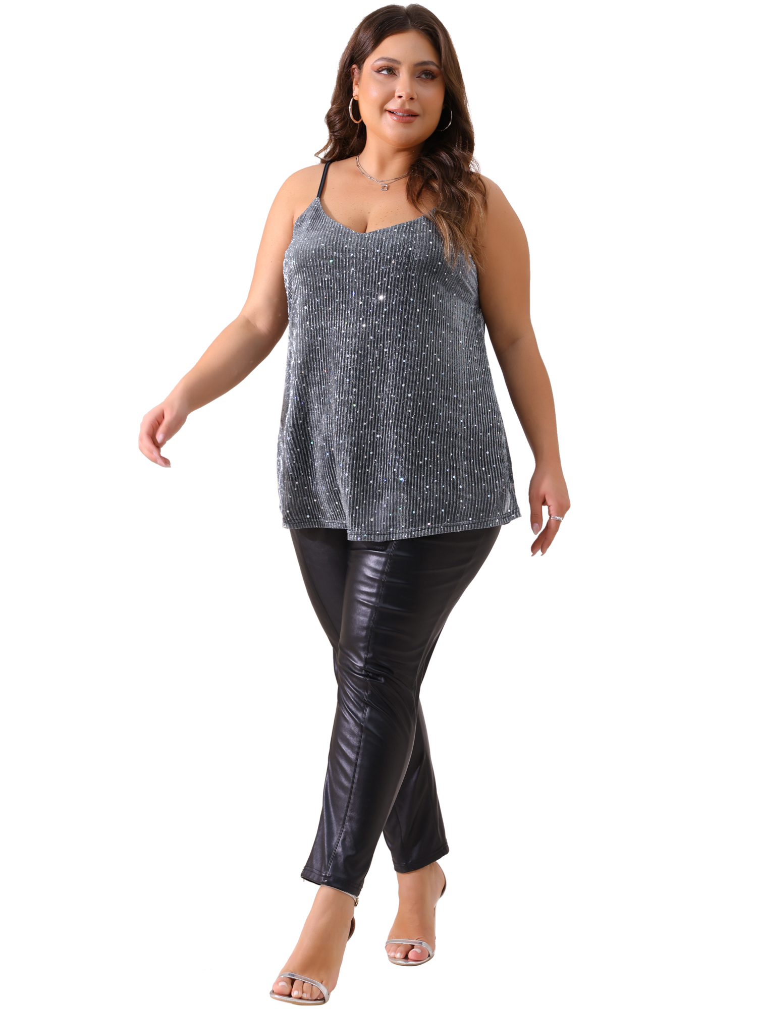 DARING DIVA Women's Plus Sequin Glitter Cami Sleeveless Party Tank Top 1X Silver