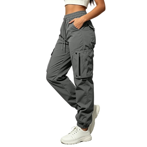 Utoimkio Drawstring Waist Jogger Cargo Pants for Women Casual Loose Trousers with Zipper Pockets