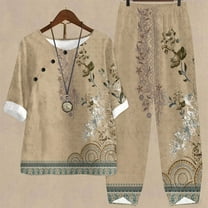 Edvintorg Matching Sets for Women Cotton Linen Summer Vintage Printed Half Sleeve Round Neck Cropped Top   Casual Pants Sets Two Piece Lounge Set Brown M