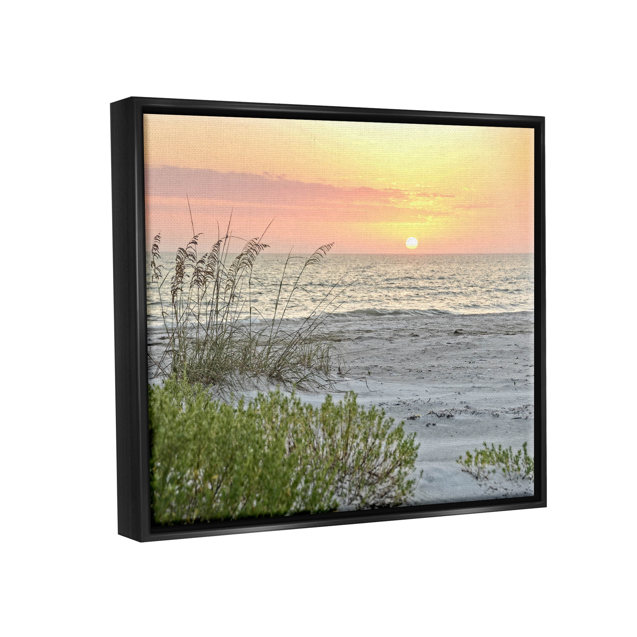 Stupell Industries Ocean Shore Reeds Sunset Horizon Photograph Jet Black Floating Framed Canvas Print Wall Art, Design by Mary Lou Photography