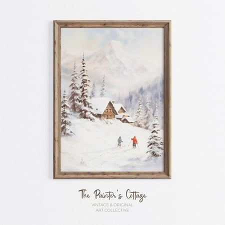 Winter Skiing Print, Vintage Skiing Poster, Winter Landscape, Winter Mountain, Rustic Mountain Cabin Decor, Winter Art Home Decor #2812, Unframed Poster Size 8x12