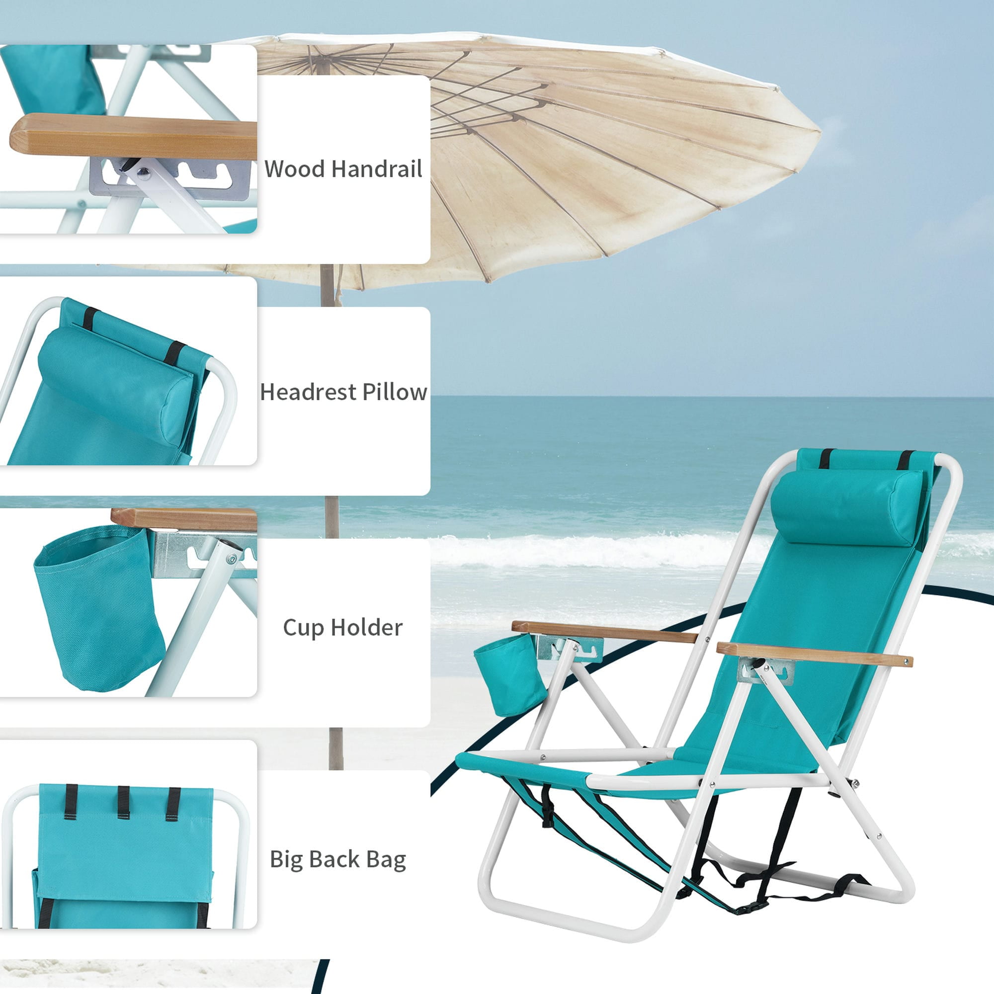 Kepooman Folding Beach Chair Set of 2 for Adults, 4 Position Portable Backpack Foldable Camping Chair with Headrest Cup Holder and Wooden Armrests, Green Kepooman Folding Beach Chair Set of 2 for Adults, 4 Position Portable Backpack Foldable Camping Chair with Headrest Cup Holder and Wooden Armrests, Green