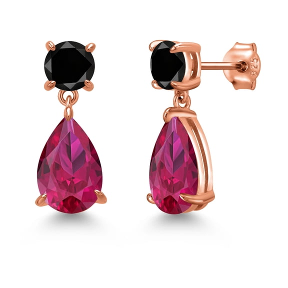 Gem Stone King 18K Rose Gold Plated Silver Red Created Ruby and Black Diamond Earrings for Women | 9.06 Cttw | Gemstone July Birthstone | Pear Shape 12X8MM