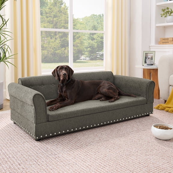 55" Large Elevated Dog Couch with Armrests and Tufted Backrest, Dog Sofa for Small/Medium/ Large Dogs, Upholstered Loveseat Pet Bed with Nailhead Trim