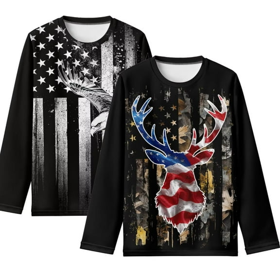 Psesaysky 2 Pack USA Flag Boys Long Sleeve Shirts 5-6 Years Kids Deer&Eagle Pattern Soft Breathable Crewneck Tee T-Shirt Basic Long Sleeve Top Winter Cloth