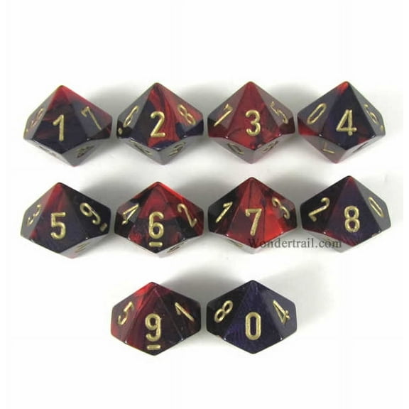 purple and red gemini dice with gold numbers d10 16mm (5/8in) pack of 10 dice chessex