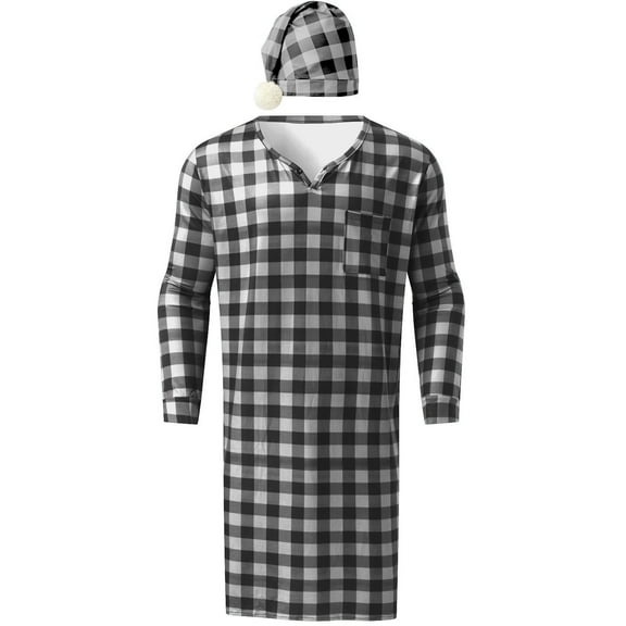 Men’s Knee-Length Checkered Henley Pajama Set – Long Sleeve Nightshirt with Hat & Chest Pocket (Warm Winter Sleepwear for Men)