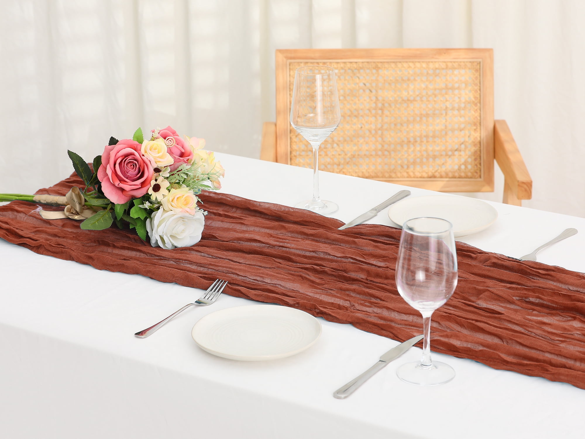 Unique Bargains Solid Color Table Runner Crinkle Fabric Table Banner (6 Count) Red 35"x118"